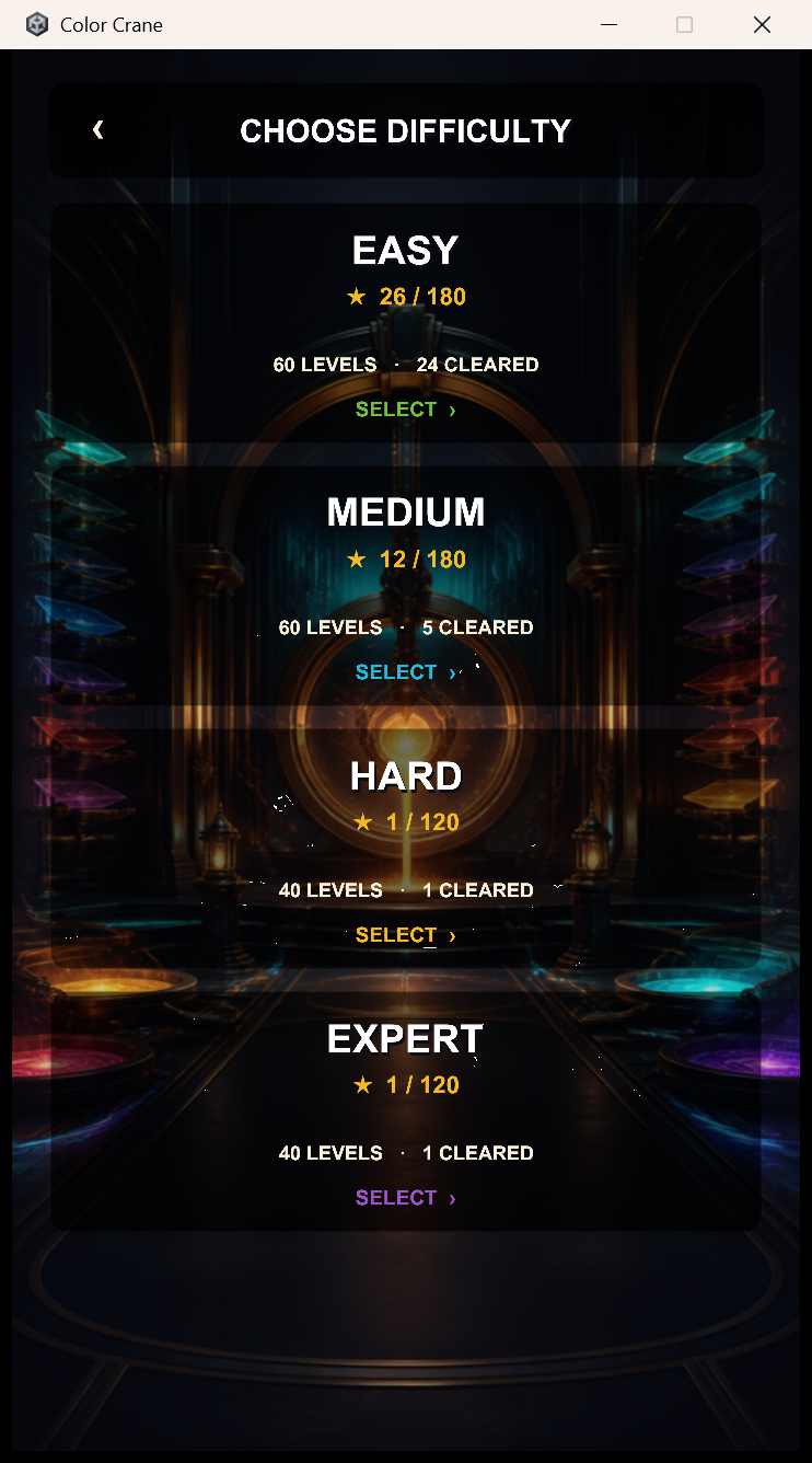 Color Crane difficulty selection from Easy through Expert